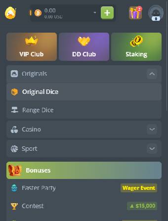 Diceduck Casino Menu