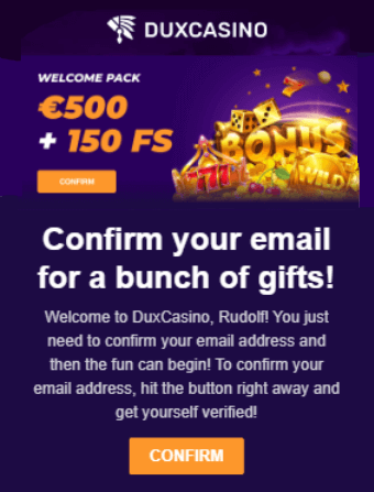 Dux Casino Email Confirmation