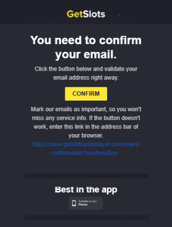 GetSlots Casino Email Confirmation