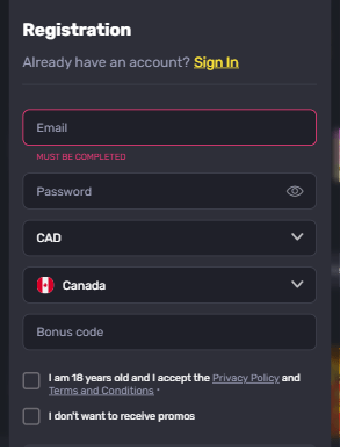 GetSlots Casino Registration Form