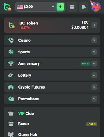 BC.Game Casino Navigation Menu