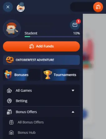 Menu bonusów Mr Bet