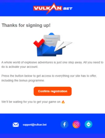 Przykładowy e-mail z kodem bonusowym bez depozytu w kasynie Vulkan bet