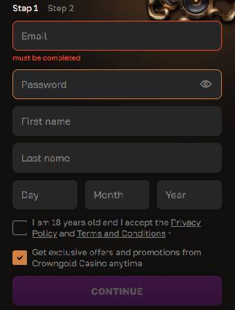 CrownGold Casino Registation Form