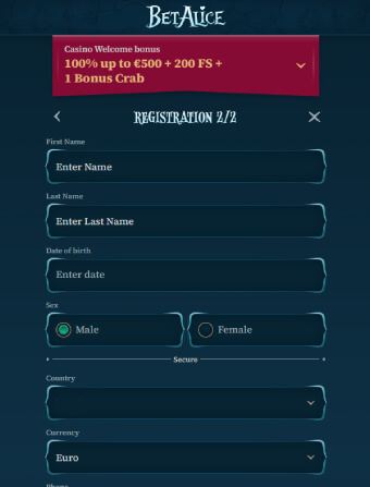 BetAlice Casino Personal info 1