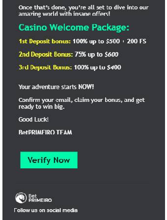 BetPrimeiro Casino Email Verification