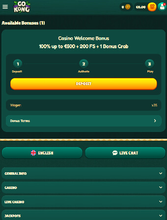 GoKong Casino Bonus activation