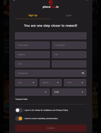 Placebet Casino Registration Form