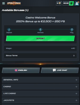 Spinational Casino Bonus activation