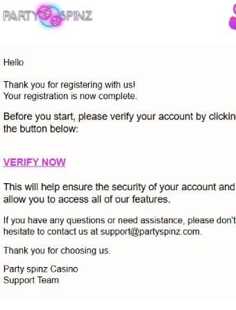 PartySpinz Email Confirmation