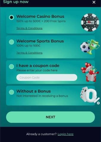 yoyospins casino welcome bonus 1