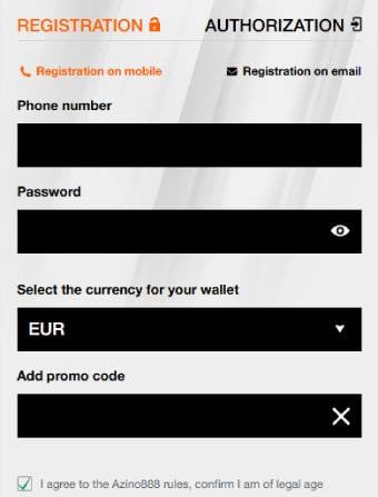 Azino888 Casino Registraion Page