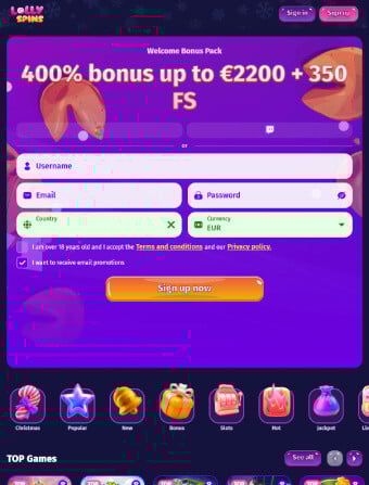 Lollyspins Casino Lobby and Registration