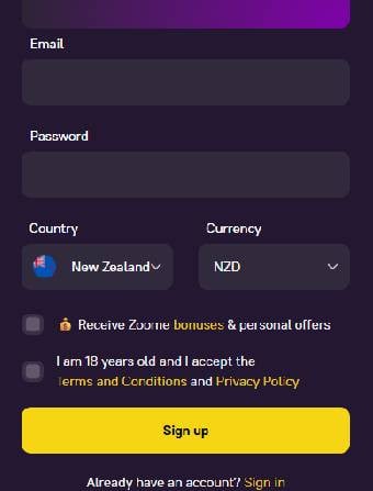 Zoome Casino Registration Form
