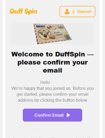 Duff Spin Casino Email Verification Interface