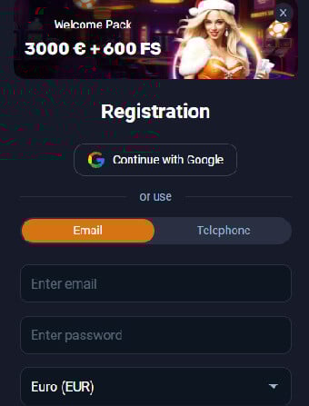 Interfejs rejestracji Vox Casino z wyróżnionym polem bonusowym