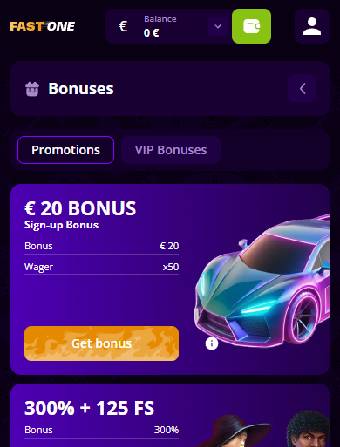 Interfejs sekcji bonusów F1 Casino