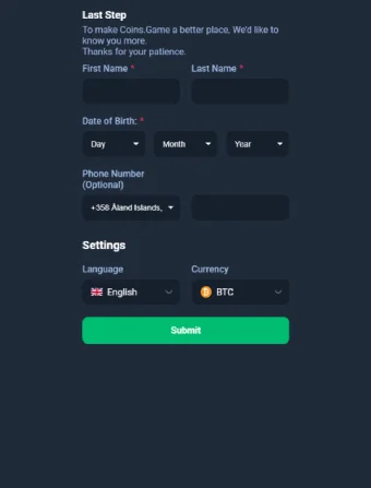 Coins Game Casino Personal Data
